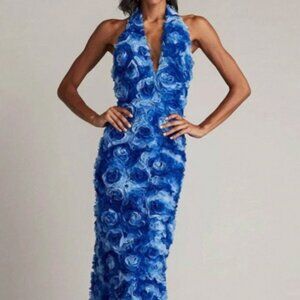 Tadashi Shoji Mystic Blue 3-D Floral Halter Neck Gown